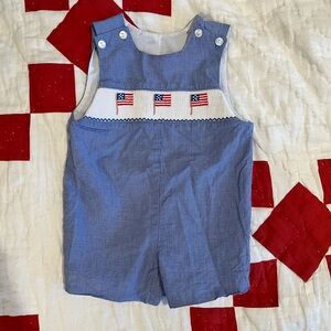 Edgehill Collection Patriotic Blue Smocked Flag Shortall Overalls 3 Months
